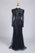 Elegant Navy Blue High-Neck Sequin Mother of the Bride Dress MC175