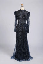 Elegant Navy Blue High-Neck Sequin Mother of the Bride Dress MC175