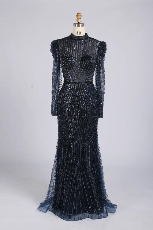 Navy sequin high-neck dress with long sleeves and fitted flared skirt