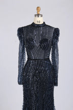 Elegant Navy Blue High-Neck Sequin Mother of the Bride Dress MC175