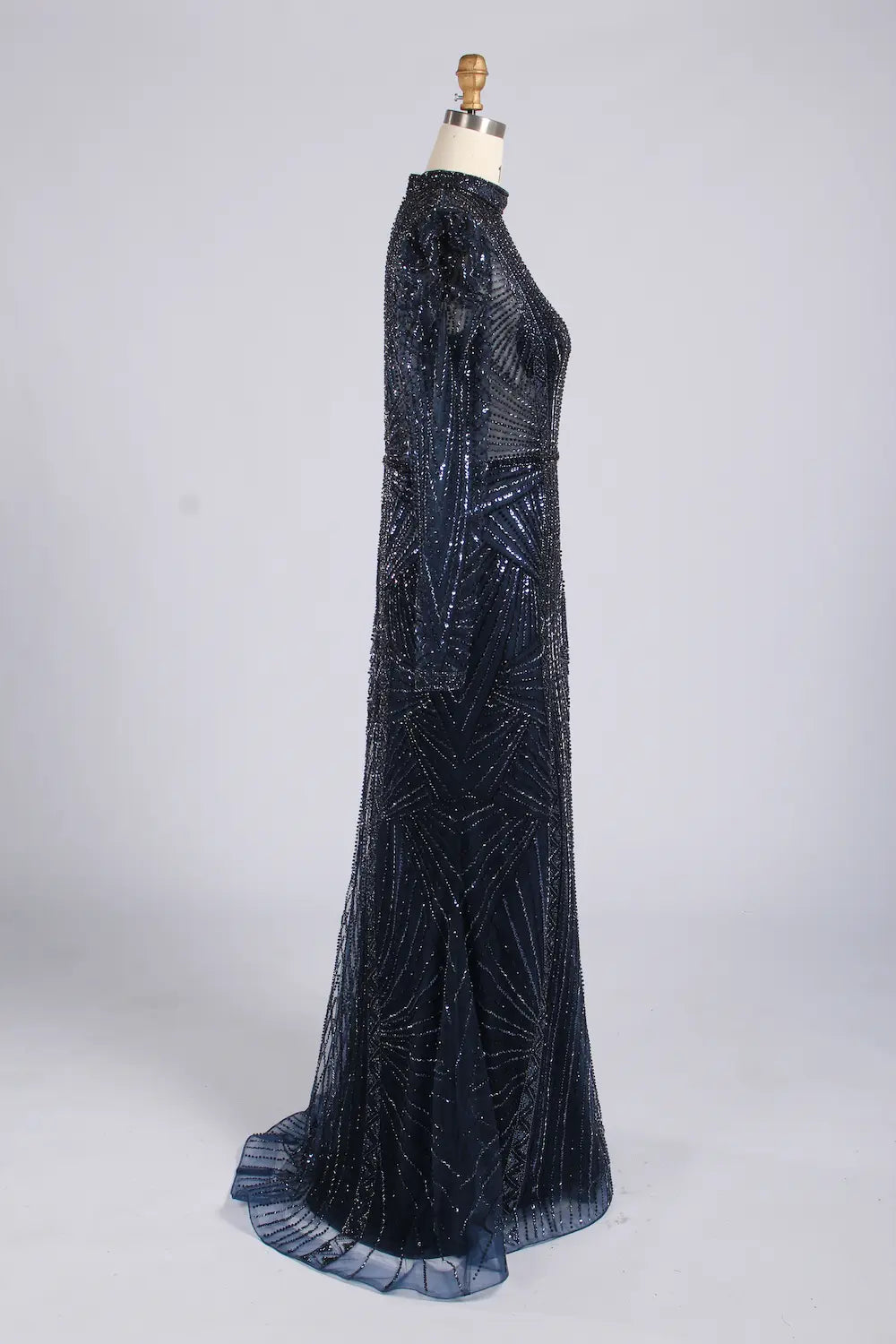 Elegant Navy Blue High-Neck Sequin Mother of the Bride Dress MC175