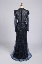 Elegant Navy Blue High-Neck Sequin Mother of the Bride Dress MC175