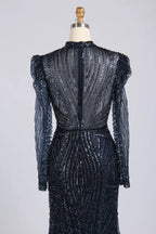 Elegant Navy Blue High-Neck Sequin Mother of the Bride Dress MC175