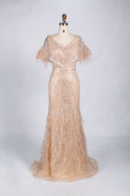 V-Neck Feather Trim Sequin Mermaid Mother of the Bride Dress KY034