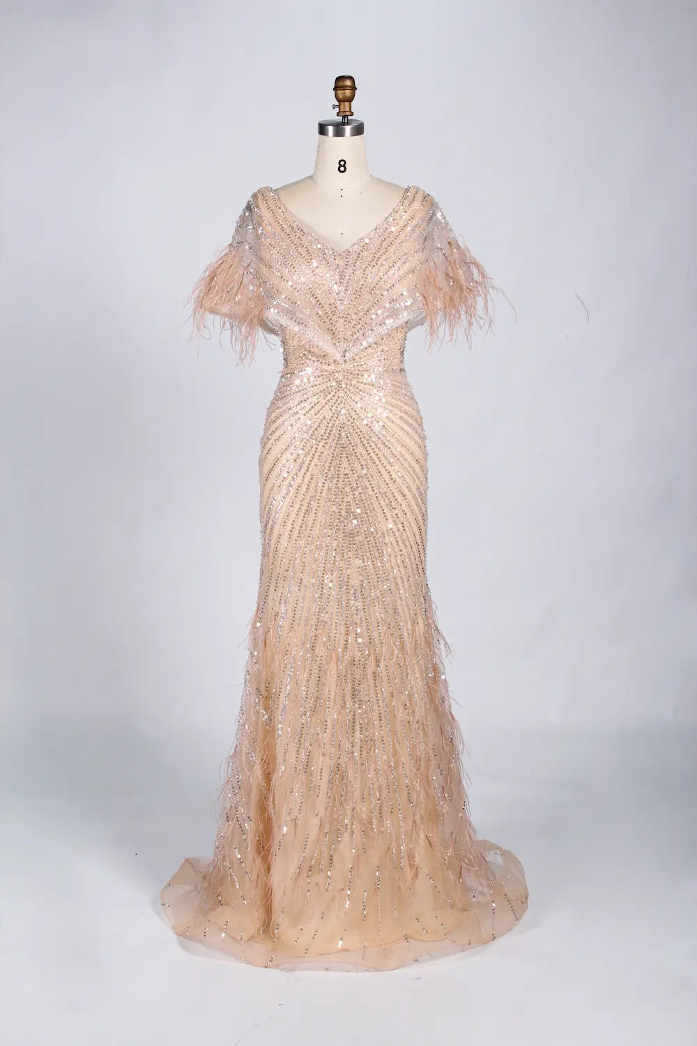 V-Neck Feather Trim Sequin Mermaid Mother of the Bride Dress KY034