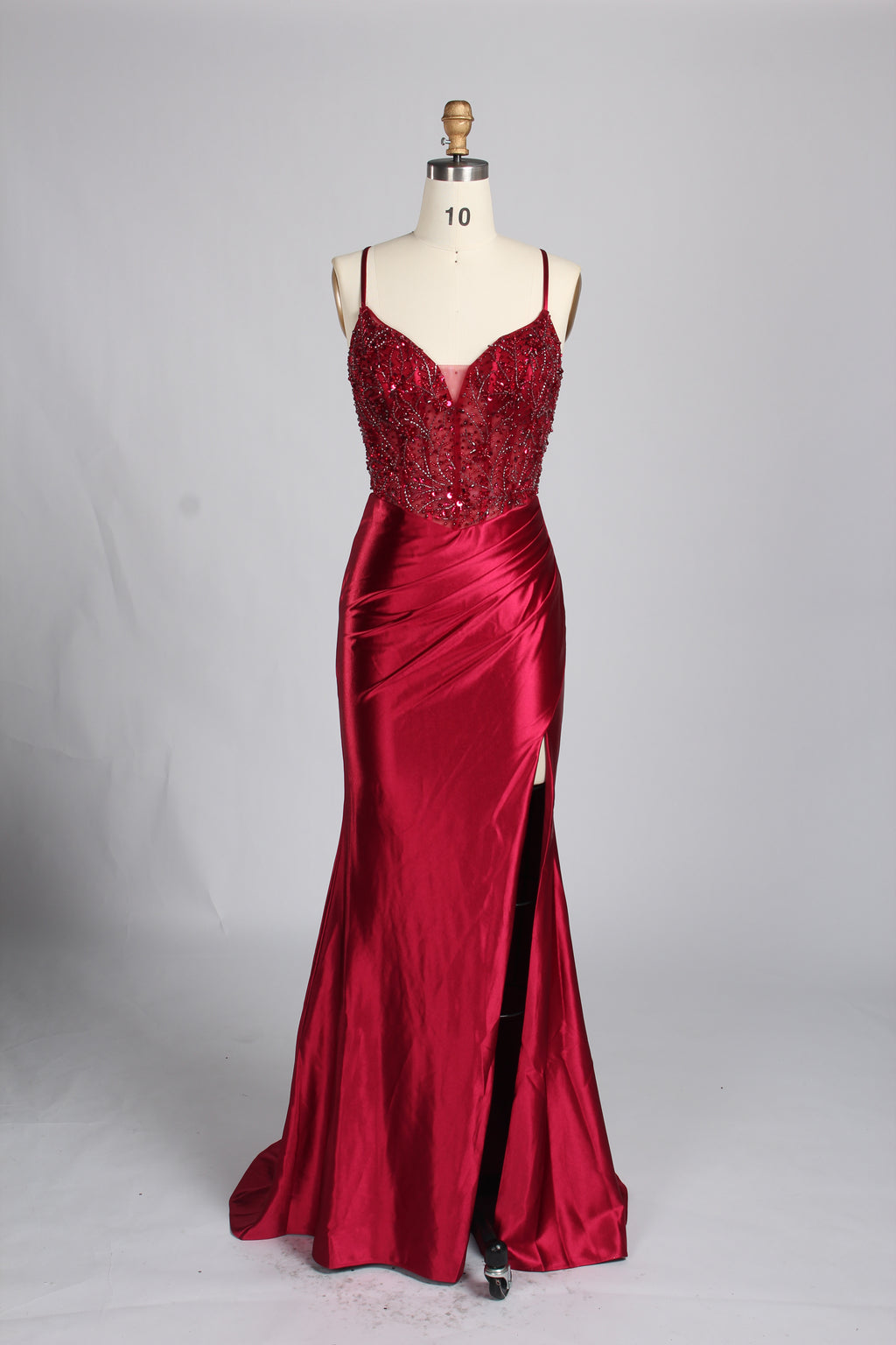 Wholesale Burgundy Beaded Slit Satin Prom Dress 33216