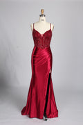 Wholesale Burgundy Beaded Slit Satin Prom Dress 33216