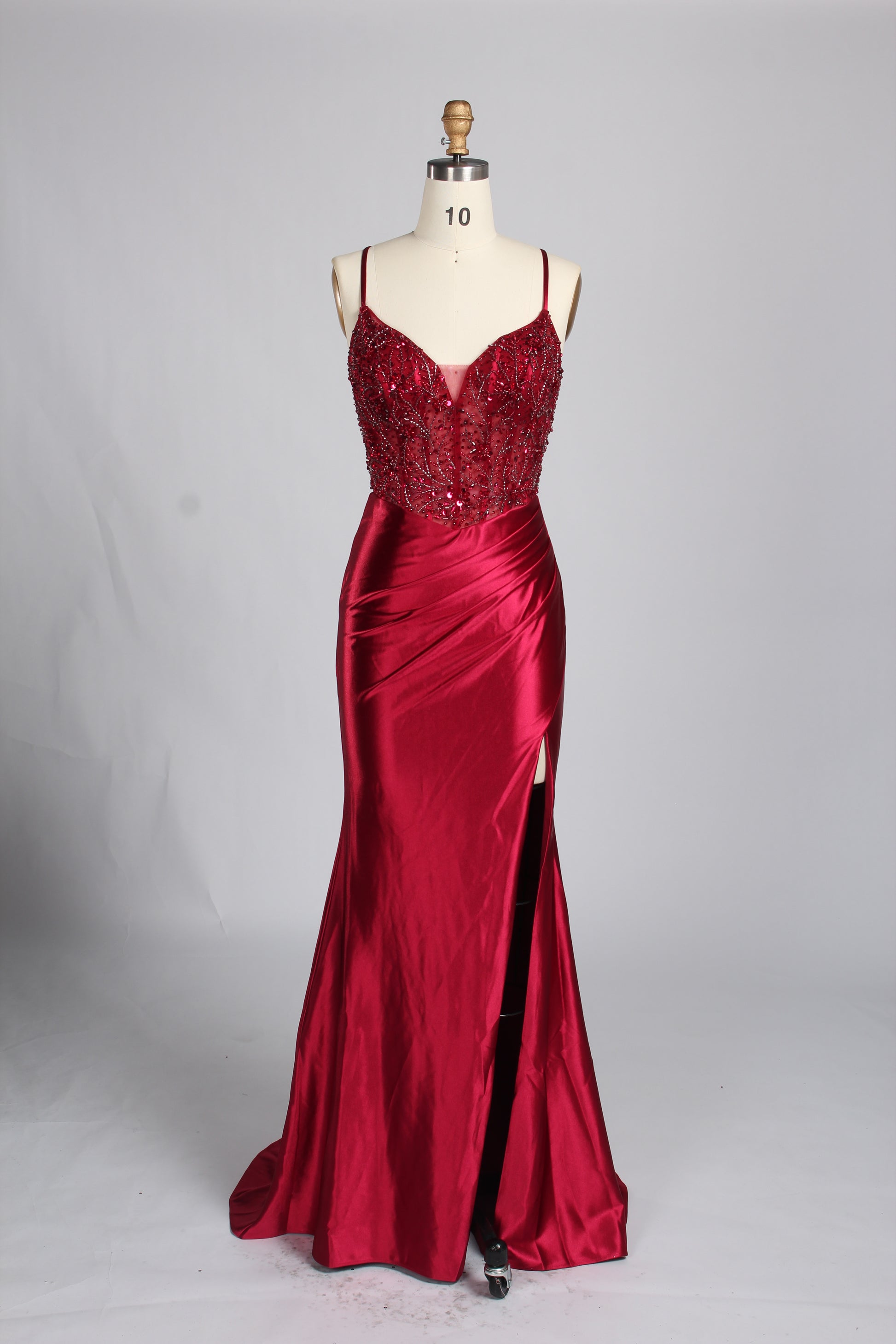 Wholesale Burgundy Beaded Slit Satin Prom Dress 33216