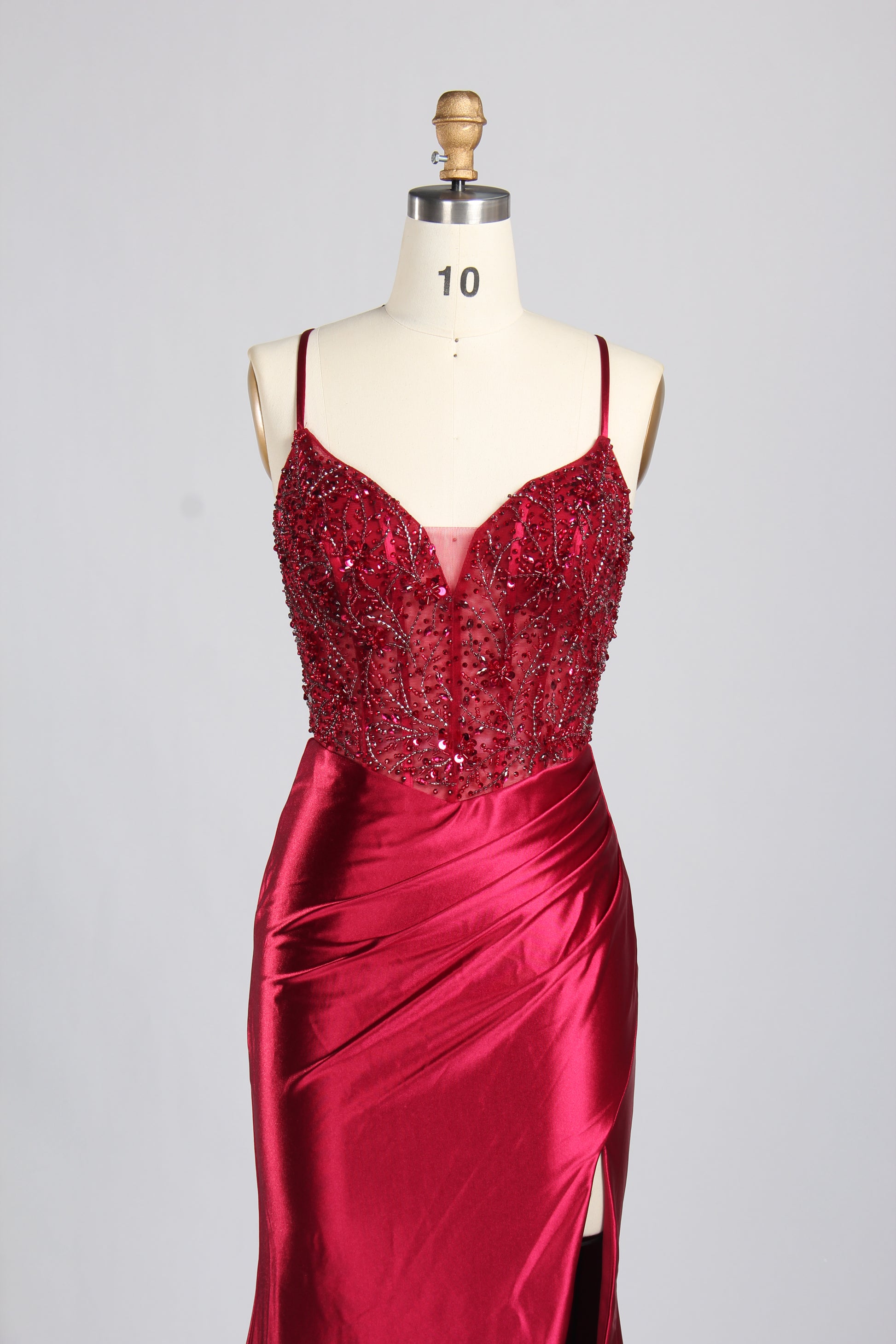 Wholesale Burgundy Beaded Slit Satin Prom Dress 33216