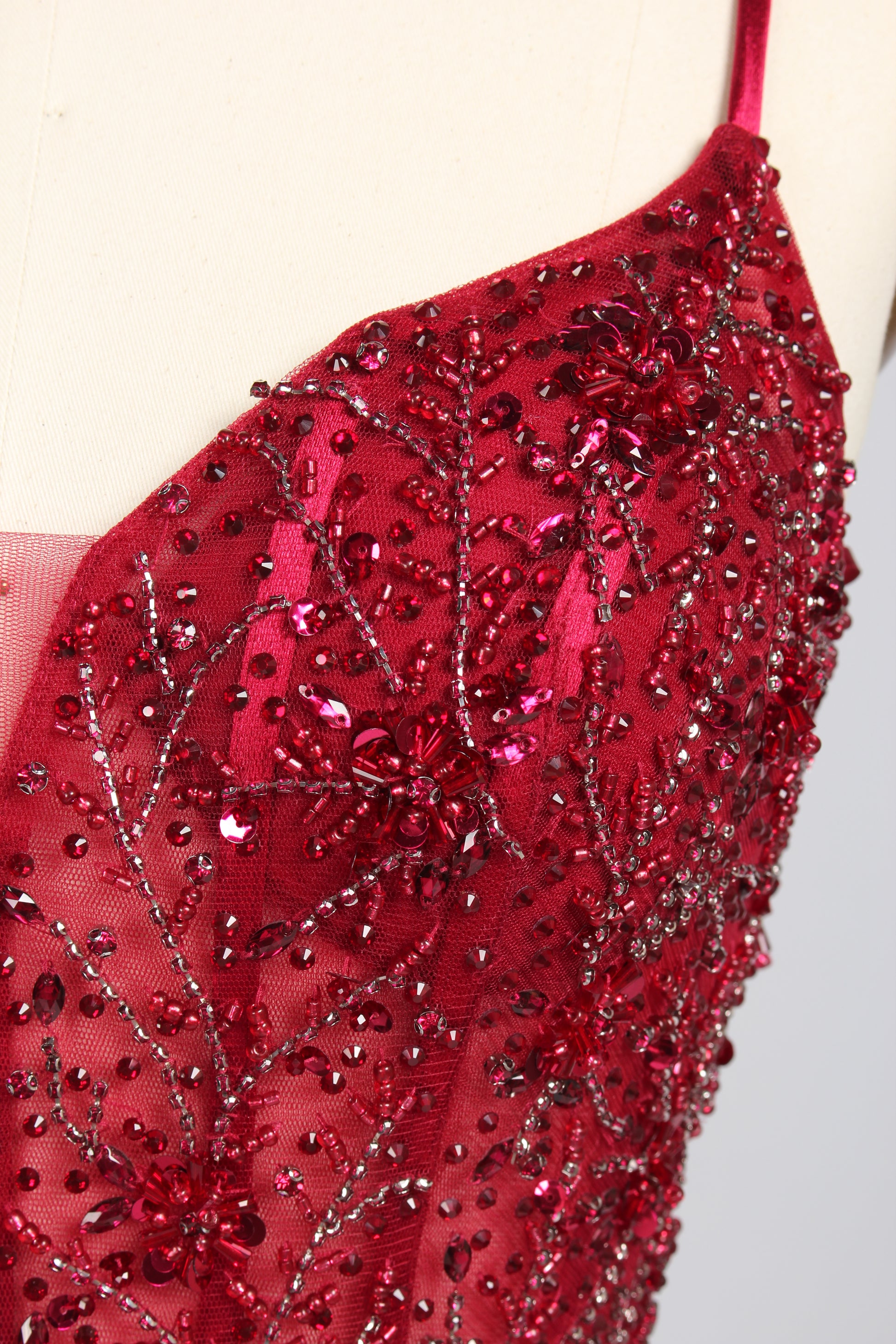 Wholesale Burgundy Beaded Slit Satin Prom Dress 33216