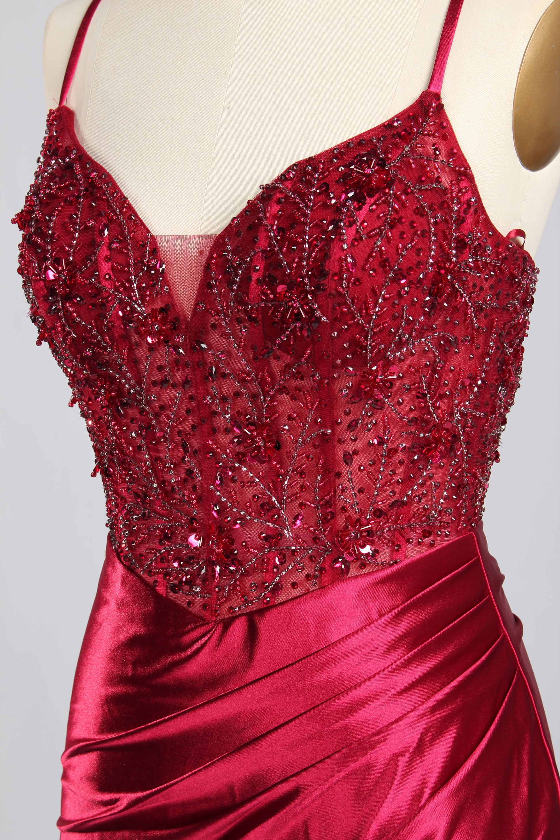 Wholesale Burgundy Beaded Slit Satin Prom Dress 33216