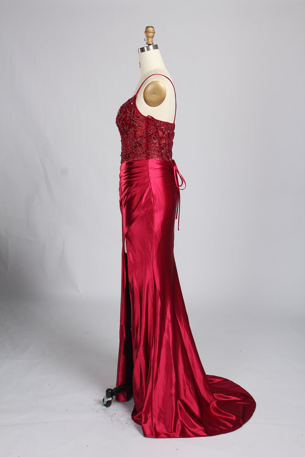 Wholesale Burgundy Beaded Slit Satin Prom Dress 33216