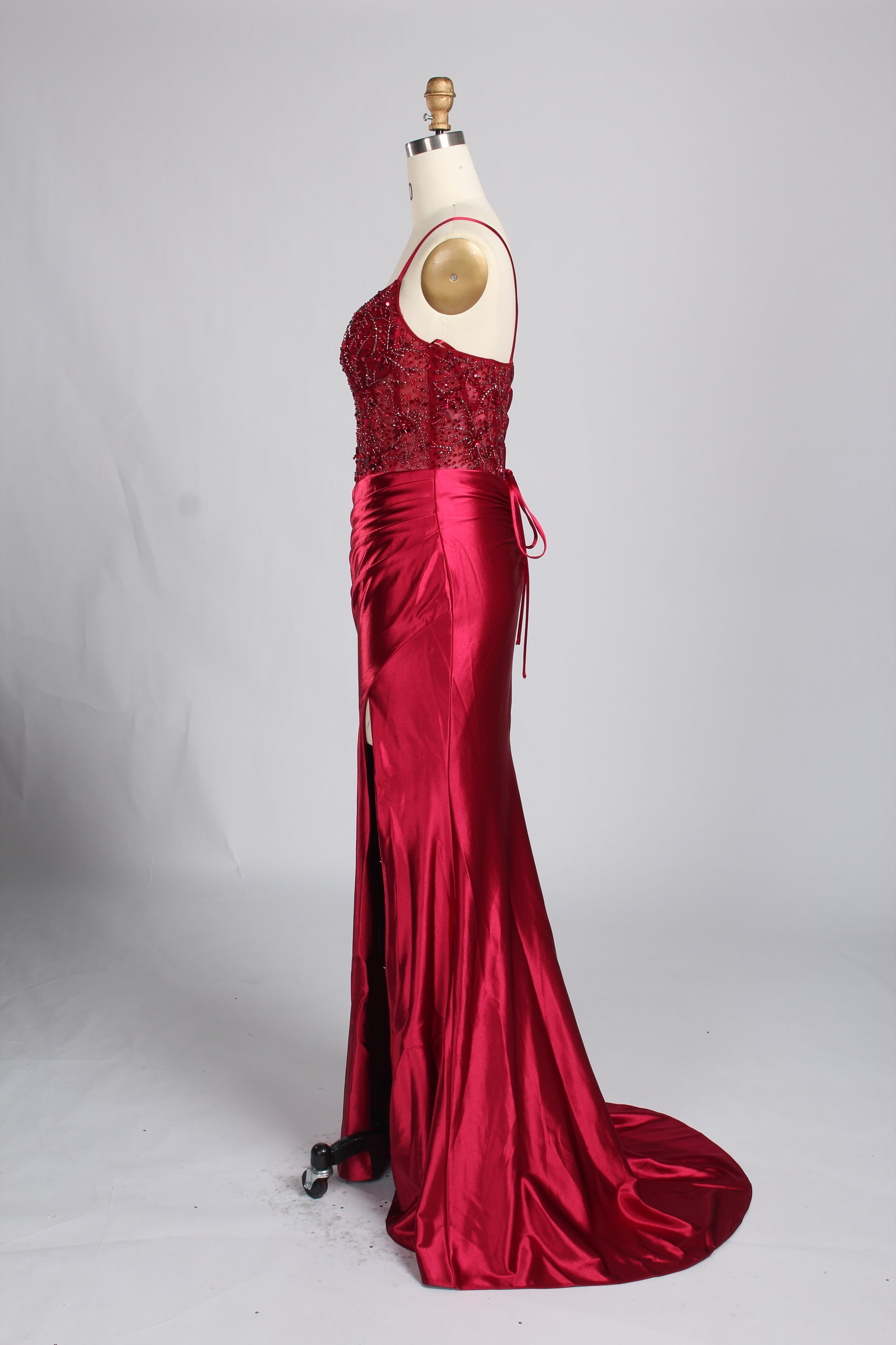 Wholesale Burgundy Beaded Slit Satin Prom Dress 33216
