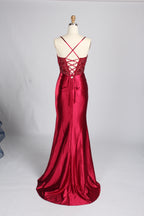 Wholesale Burgundy Beaded Slit Satin Prom Dress 33216