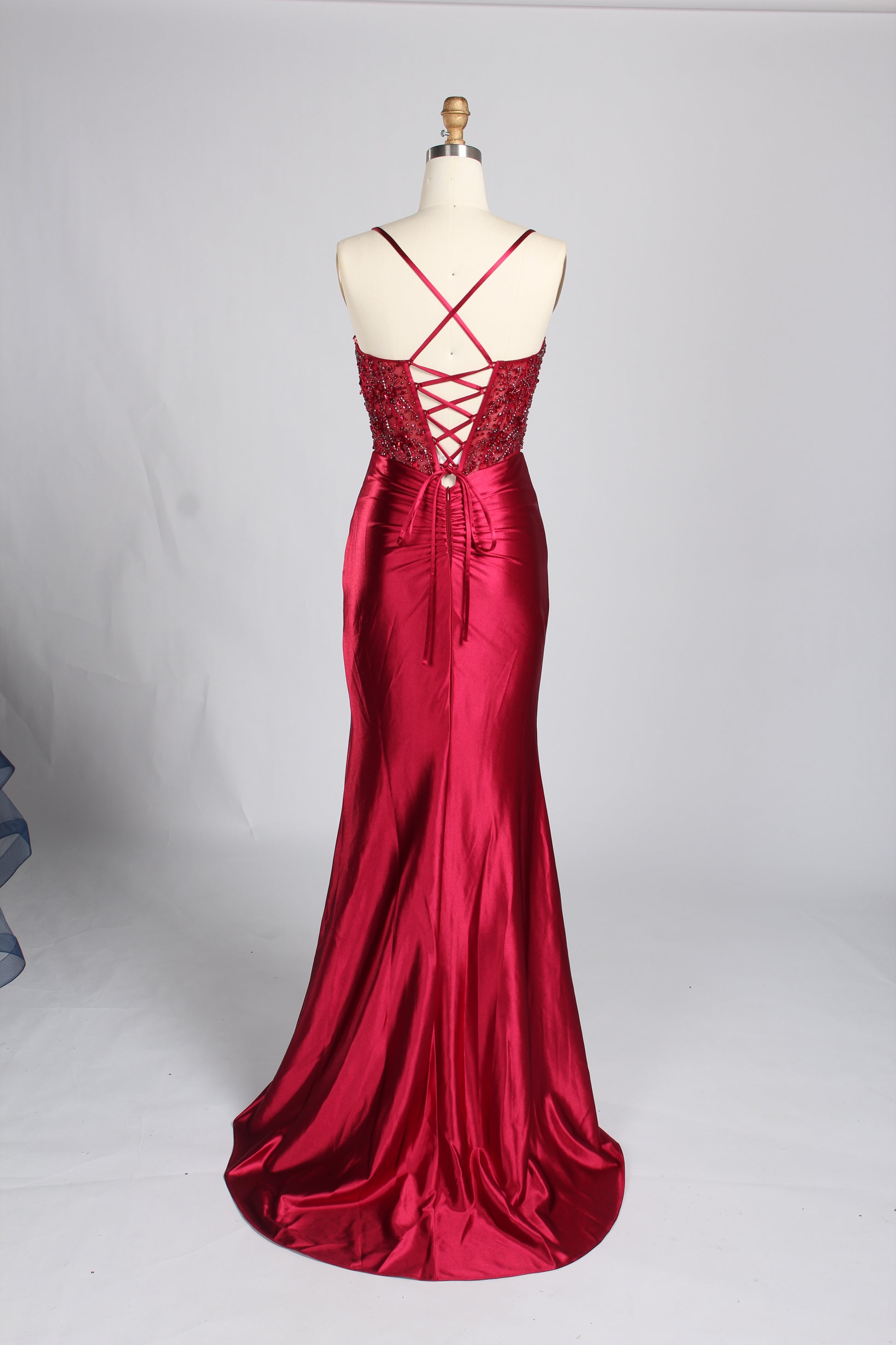 Wholesale Burgundy Beaded Slit Satin Prom Dress 33216