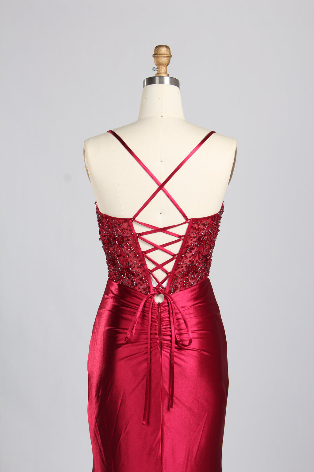 Wholesale Burgundy Beaded Slit Satin Prom Dress 33216