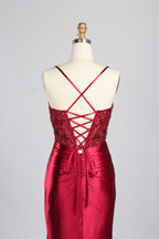 Wholesale Burgundy Beaded Slit Satin Prom Dress 33216
