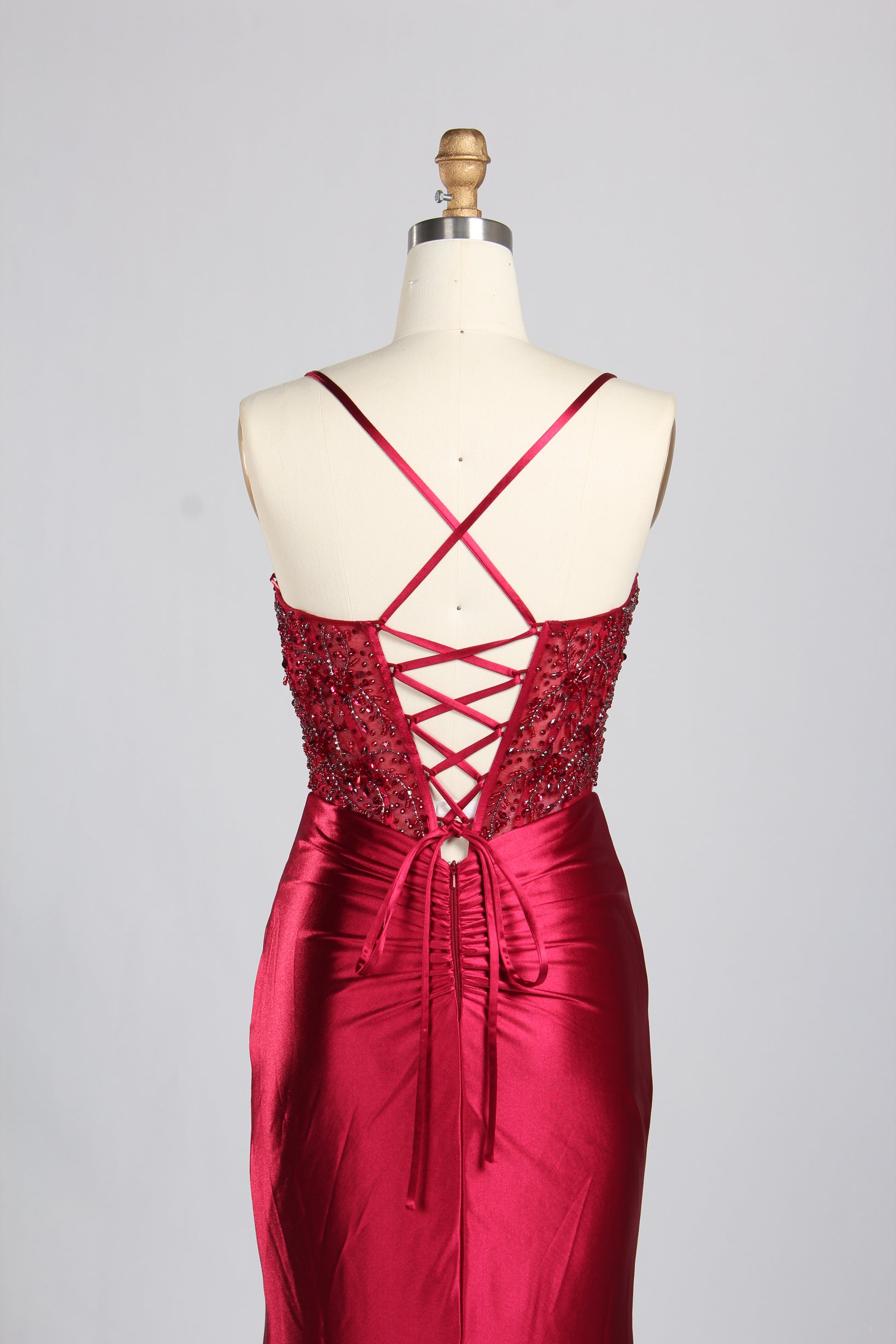 Wholesale Burgundy Beaded Slit Satin Prom Dress 33216