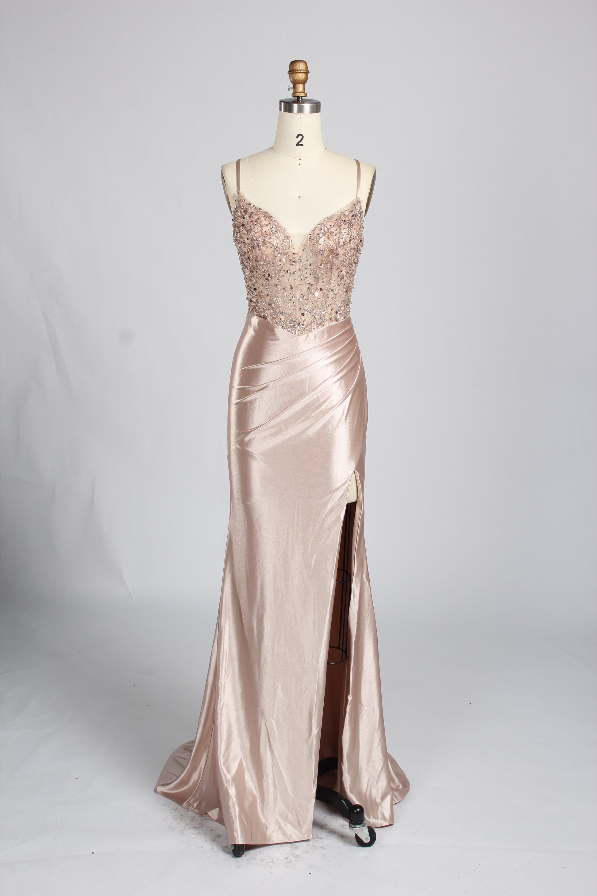 Wholesale Burgundy Beaded Slit Satin Prom Dress 33216