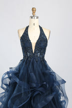 Wholesale Navy Blue Halter Neck Prom Dress with Ruffled Tulle 33343