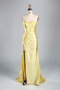 Elegant Satin Strapless Prom Dress with High Slit  D-116