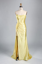Elegant Satin Strapless Prom Dress with High Slit  D-116