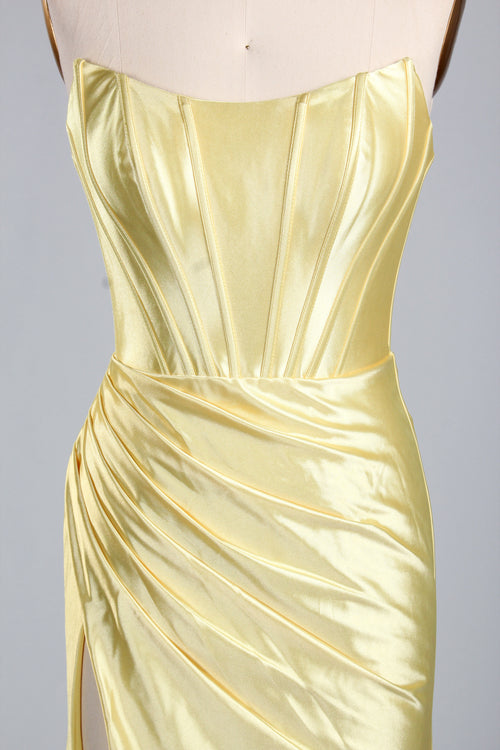 Elegant Satin Strapless Prom Dress with High Slit  D-116