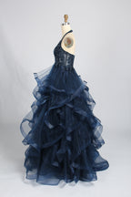 Wholesale Navy Blue Halter Neck Prom Dress with Ruffled Tulle 33343