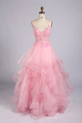 Pink lace bodice A-line prom dress with spaghetti straps and ruffled tulle skirt