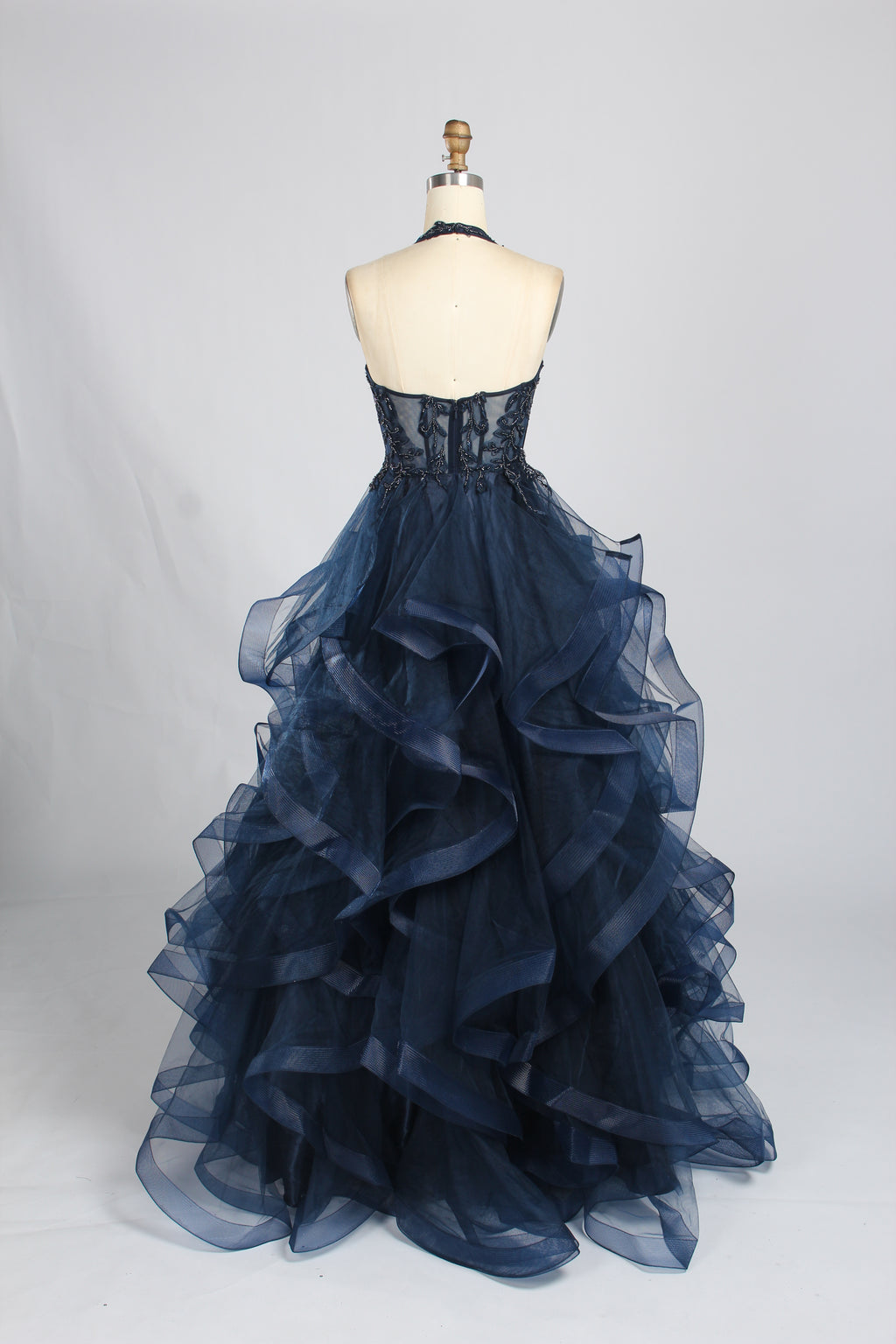 Wholesale Navy Blue Halter Neck Prom Dress with Ruffled Tulle 33343
