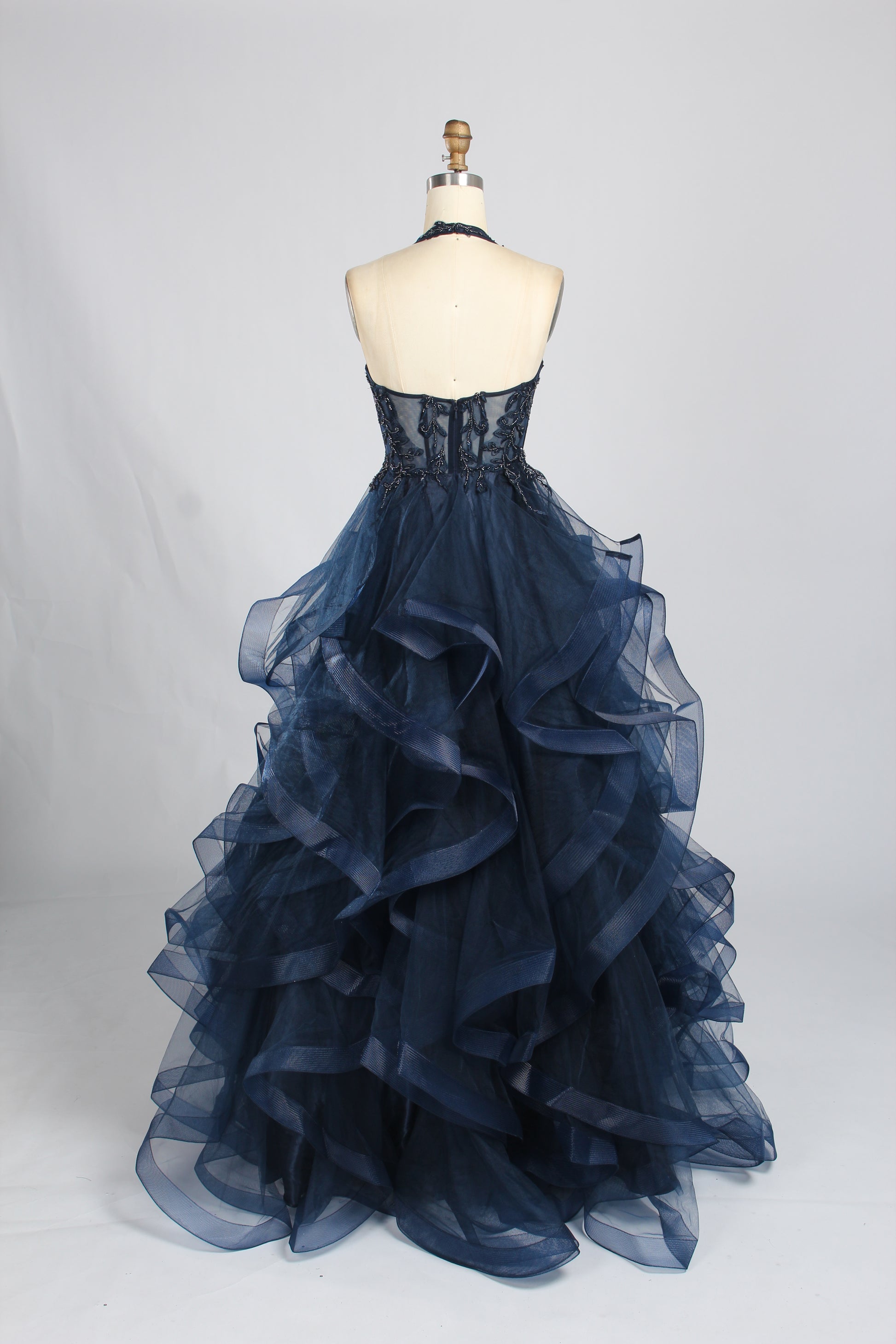 Wholesale Navy Blue Halter Neck Prom Dress with Ruffled Tulle 33343