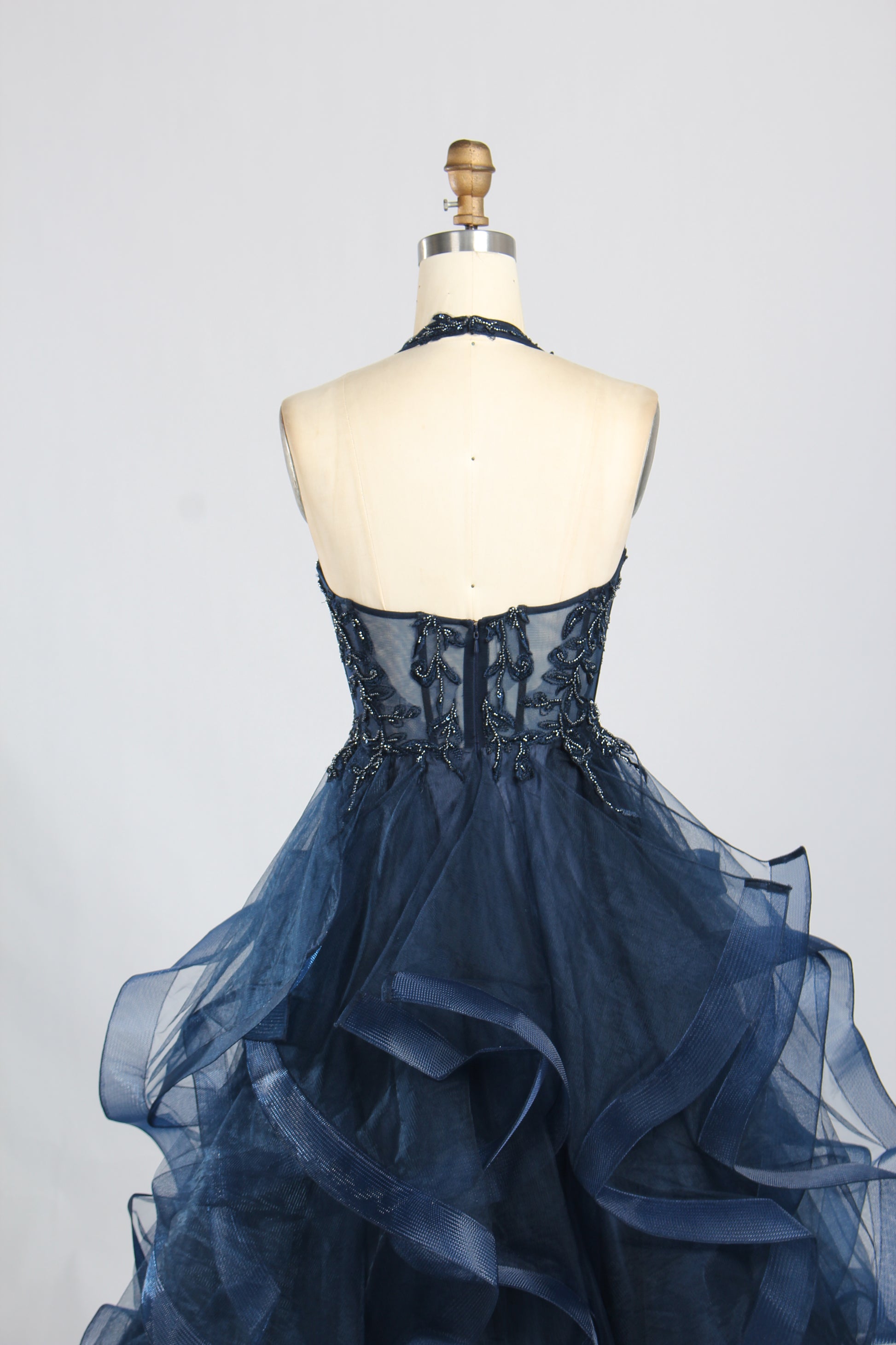 Wholesale Navy Blue Halter Neck Prom Dress with Ruffled Tulle 33343