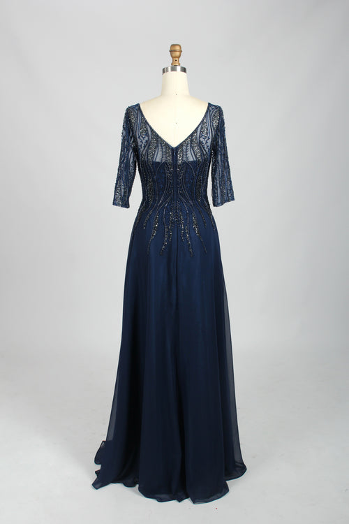 Navy Beaded Sheer Lace Half-Sleeve Mother-of-the-Bride Gown 32672