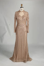 Beaded Fit-and-Flare Mother of the Bride Dress with Long Sleeves MK097
