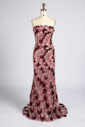 Burgundy Feather Pattern Beaded Chiffon Cape Sleeves Mermaid MOB Dress KY076B
