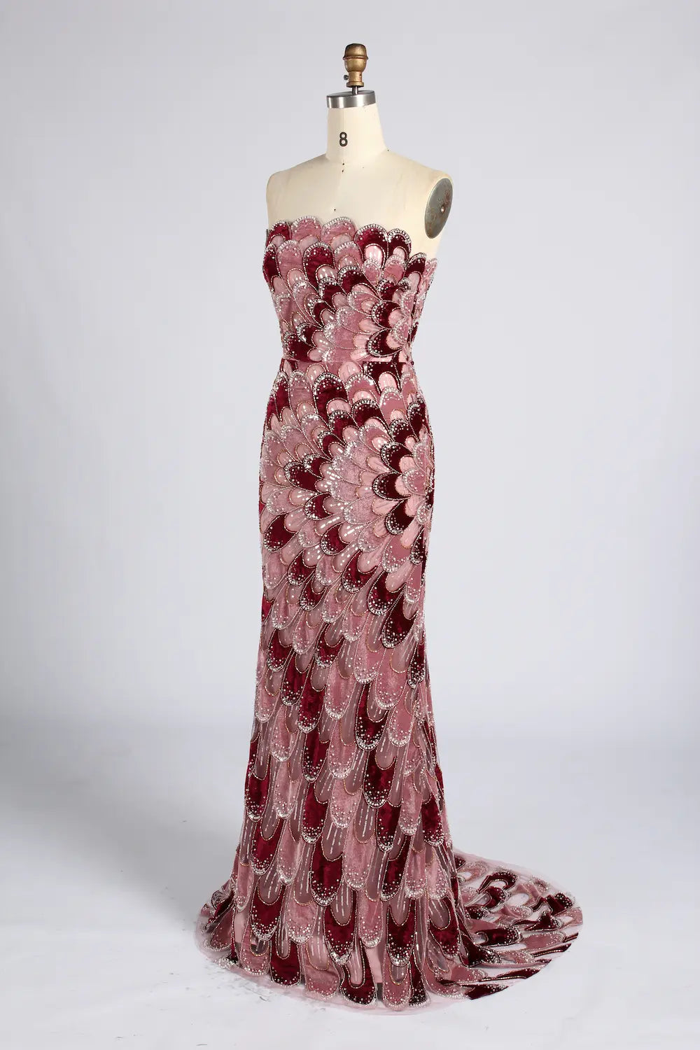 Burgundy Feather Pattern Beaded Chiffon Cape Sleeves Mermaid MOB Dress KY076B