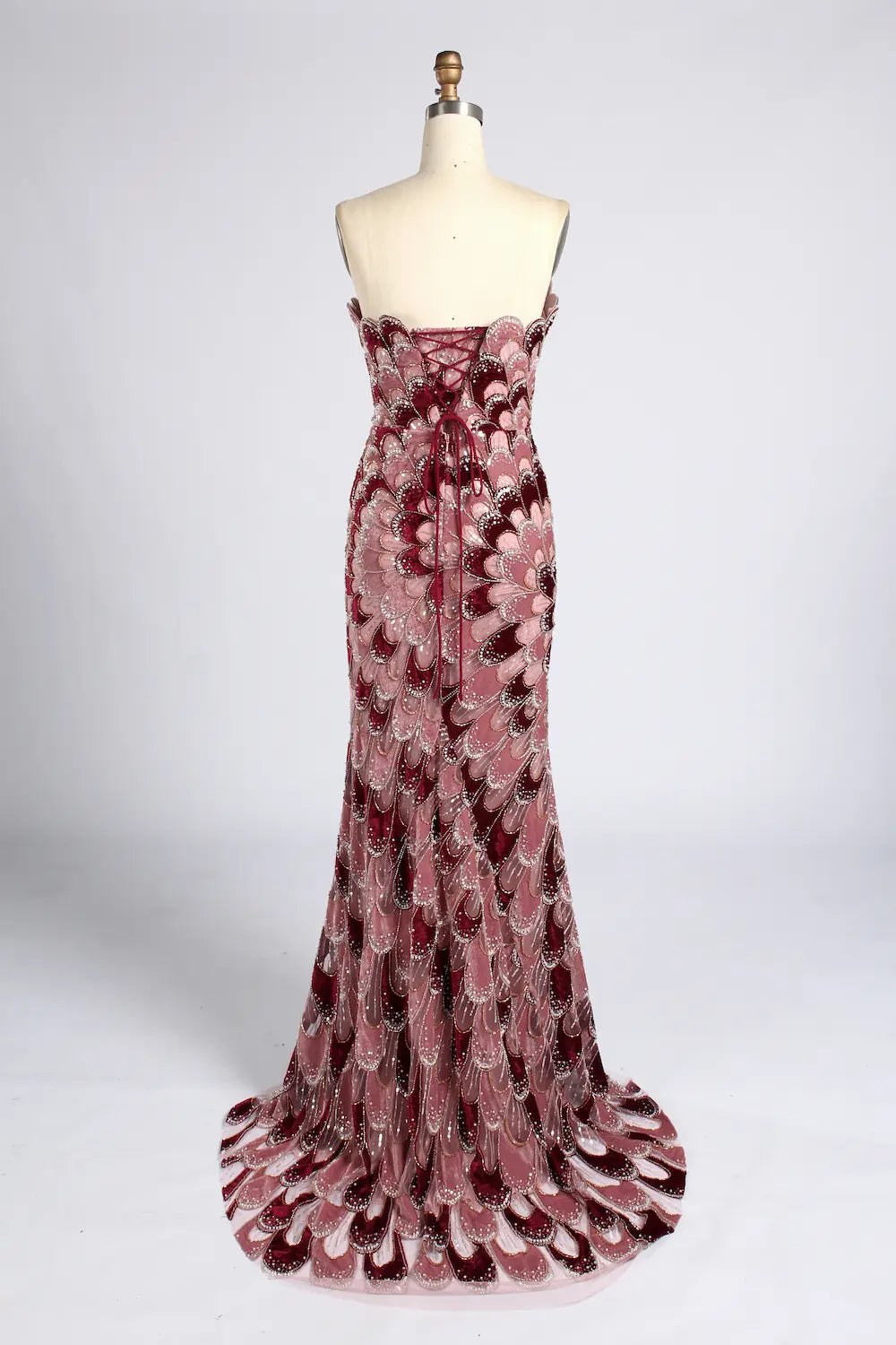 Burgundy Feather Pattern Beaded Chiffon Cape Sleeves Mermaid MOB Dress KY076B