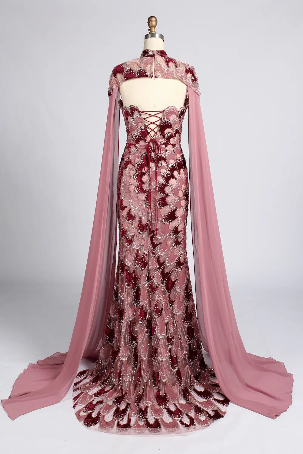 Burgundy Feather Pattern Beaded Chiffon Cape Sleeves Mermaid MOB Dress KY076B