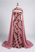 Burgundy Feather Pattern Beaded Chiffon Cape Sleeves Mermaid MOB Dress KY076B