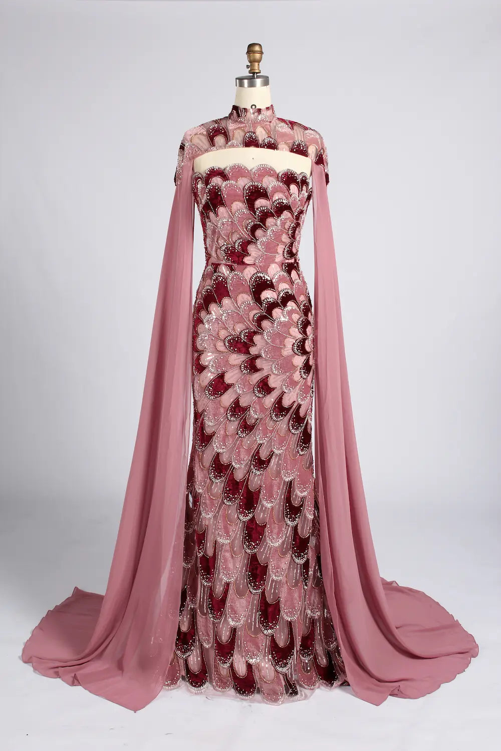 Burgundy Feather Pattern Beaded Chiffon Cape Sleeves Mermaid MOB Dress KY076B
