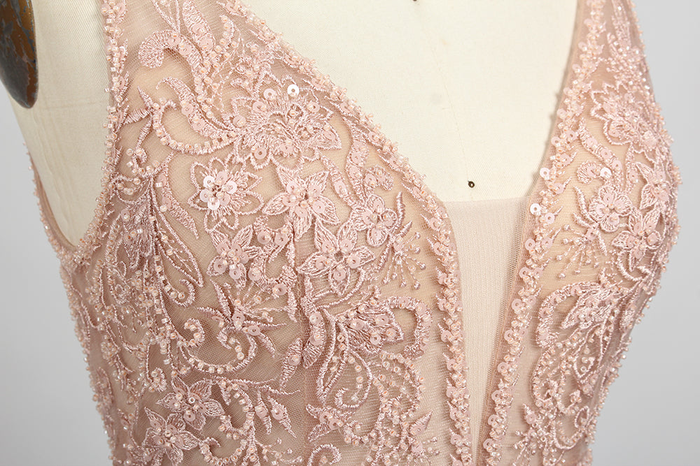 Photograph of a sleeveless, floor-length evening gown displayed on a dress form. The gown features a deep V-neckline adorned with intricate lace detailing and a sheer, blush pink fabric that flows into a smooth, satin skirt. The dress form is positioned against a plain, light beige background, emphasizing the gown's elegant design.05