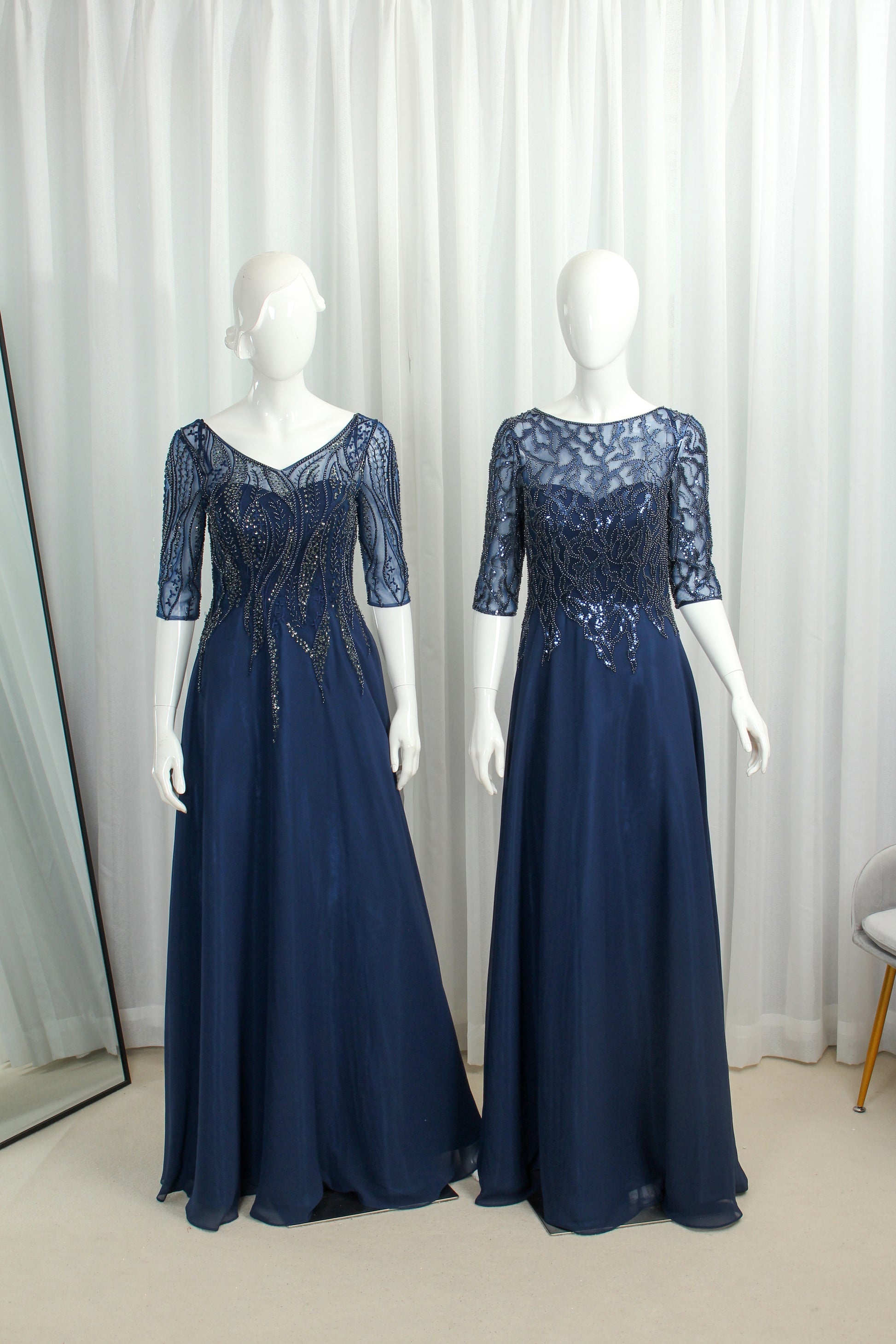 Wholesale Navy Beaded Half-Sleeve Mother-of-the-Bride Gown 32672