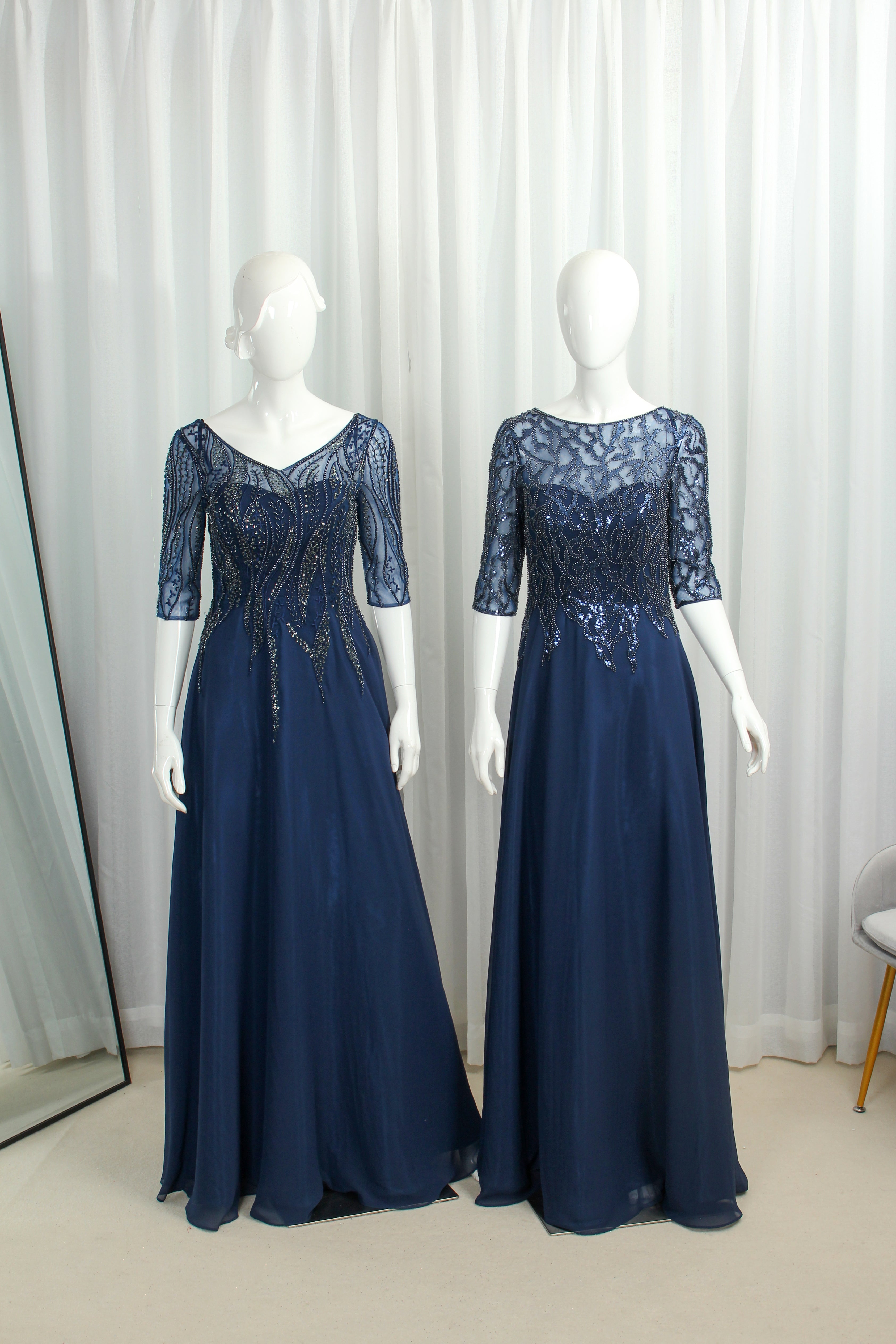Wholesale Navy Beaded Half-Sleeve Mother-of-the-Bride Gown 32672