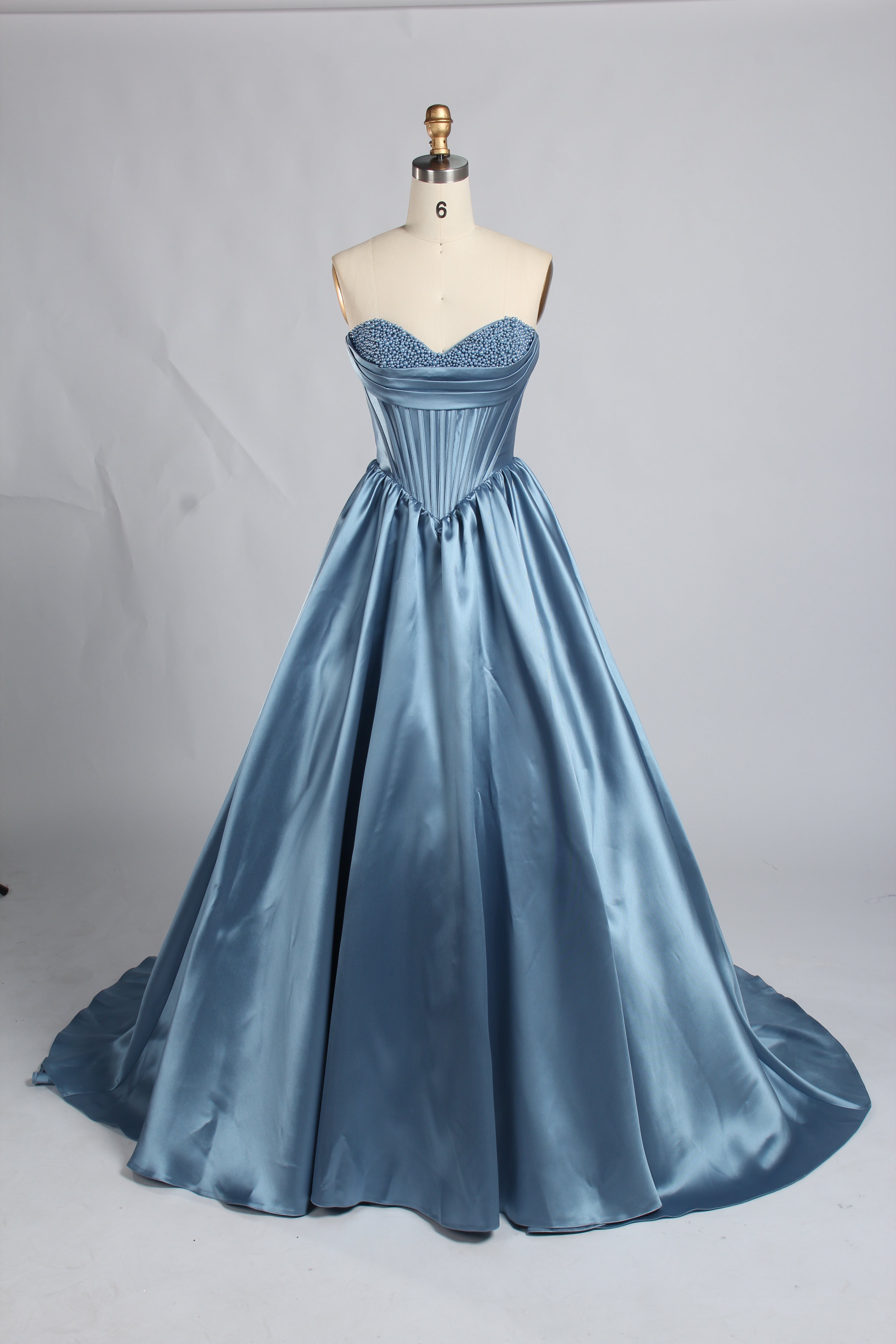 Wholesale Dusty Blue Pearls Mikado Ball Gown Prom Dress 33386