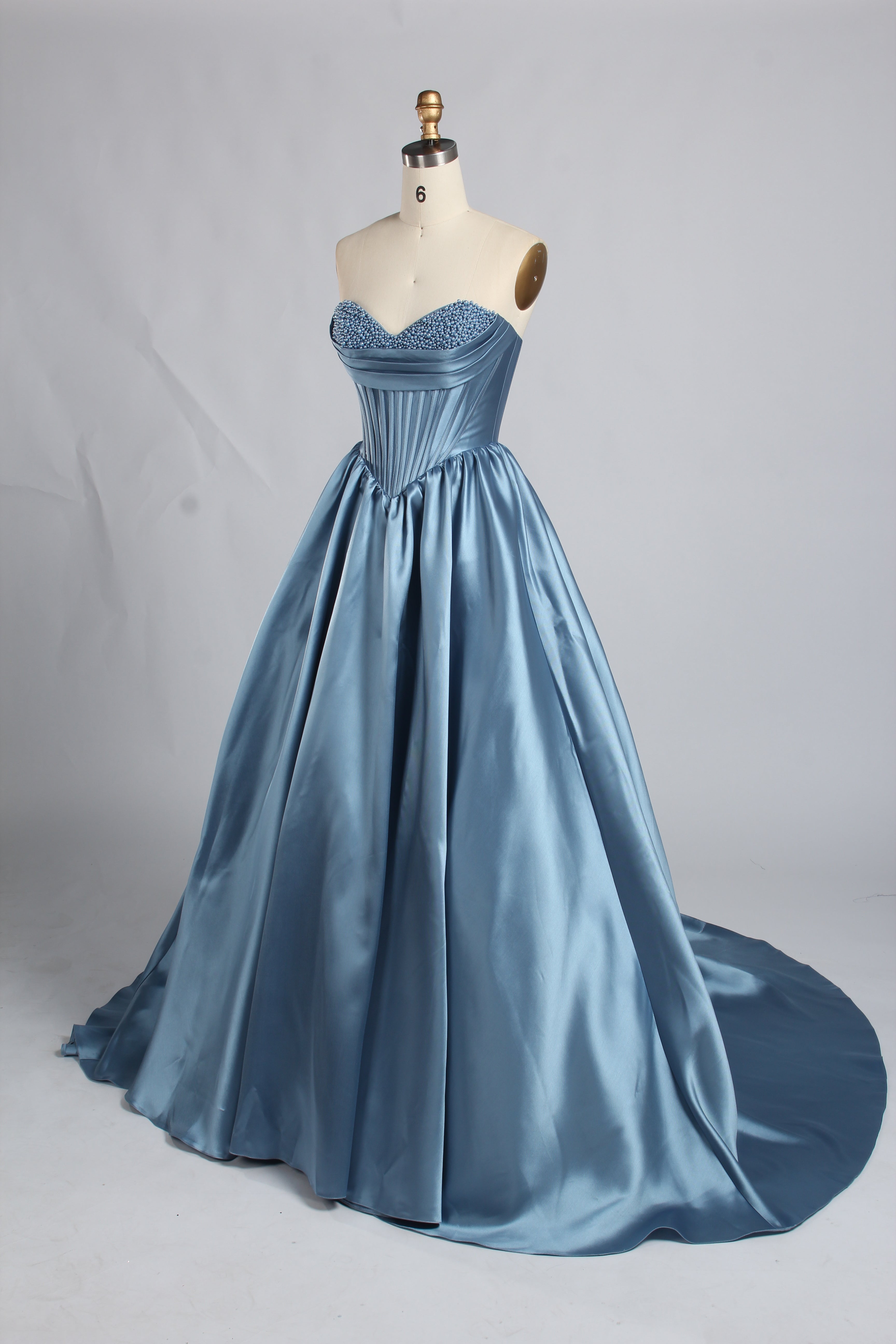 Wholesale Dusty Blue Pearls Mikado Ball Gown Prom Dress 33386