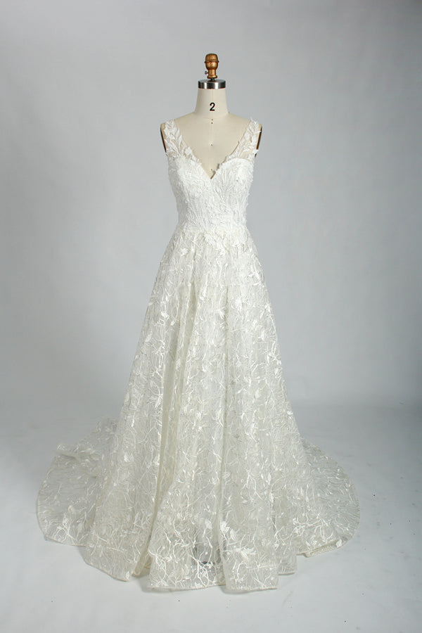 Manufacturer Plunging V - Neck Lace A - Line Wedding Dress 3309