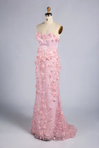 Timeless Pink Strapless 3D Floral Lace Mermaid Evening Dress KY073