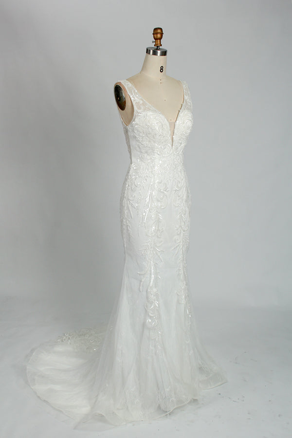 Wholesale Plunging V - Neck Embroidered Mermaid Wedding Dress 3310