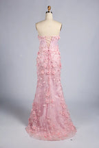 Timeless Pink Strapless 3D Floral Lace Mermaid Evening Dress KY073