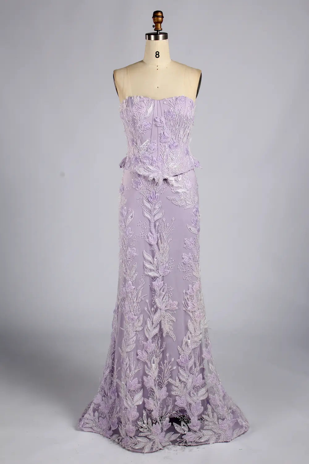 Lilac Purple Strapless Floral Lace Mermaid Evening Dress with Peplum KY074